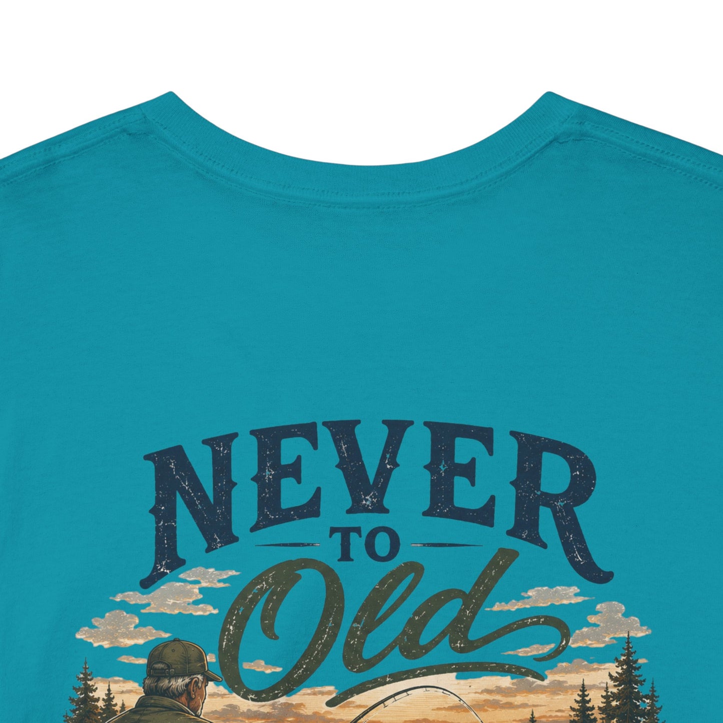 T-Shirt — "Never Too Old to Fish" Fishing Tee (Sunset Lake Design)