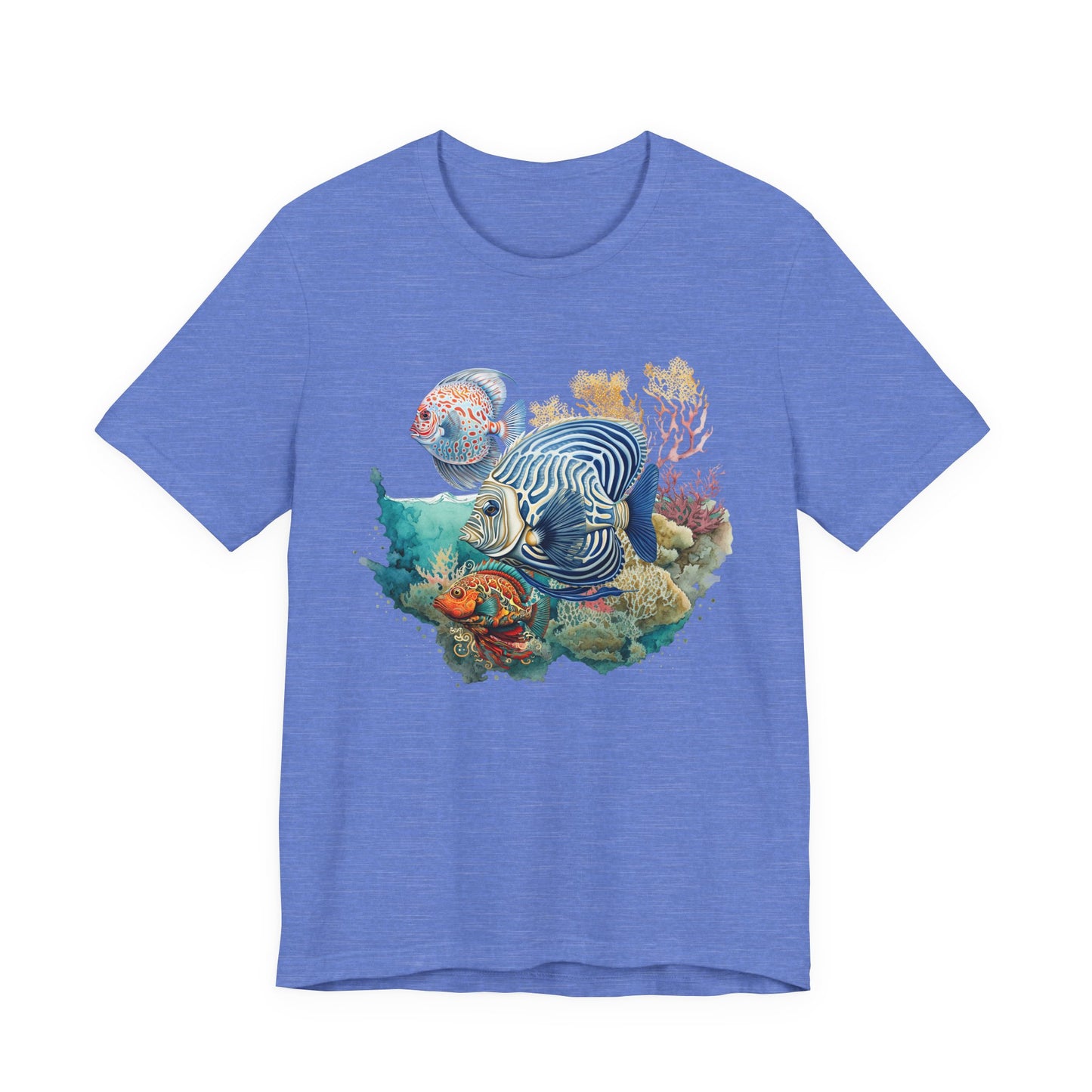 Blue t-shirt with a colorful fish and coral design on a white background at Caribbean Rays