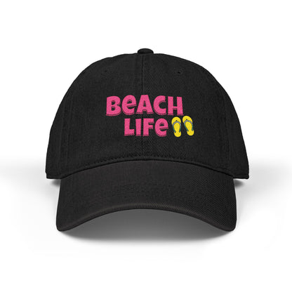 Black cap with 'Beach Life' and flip-flop emoji on a white background