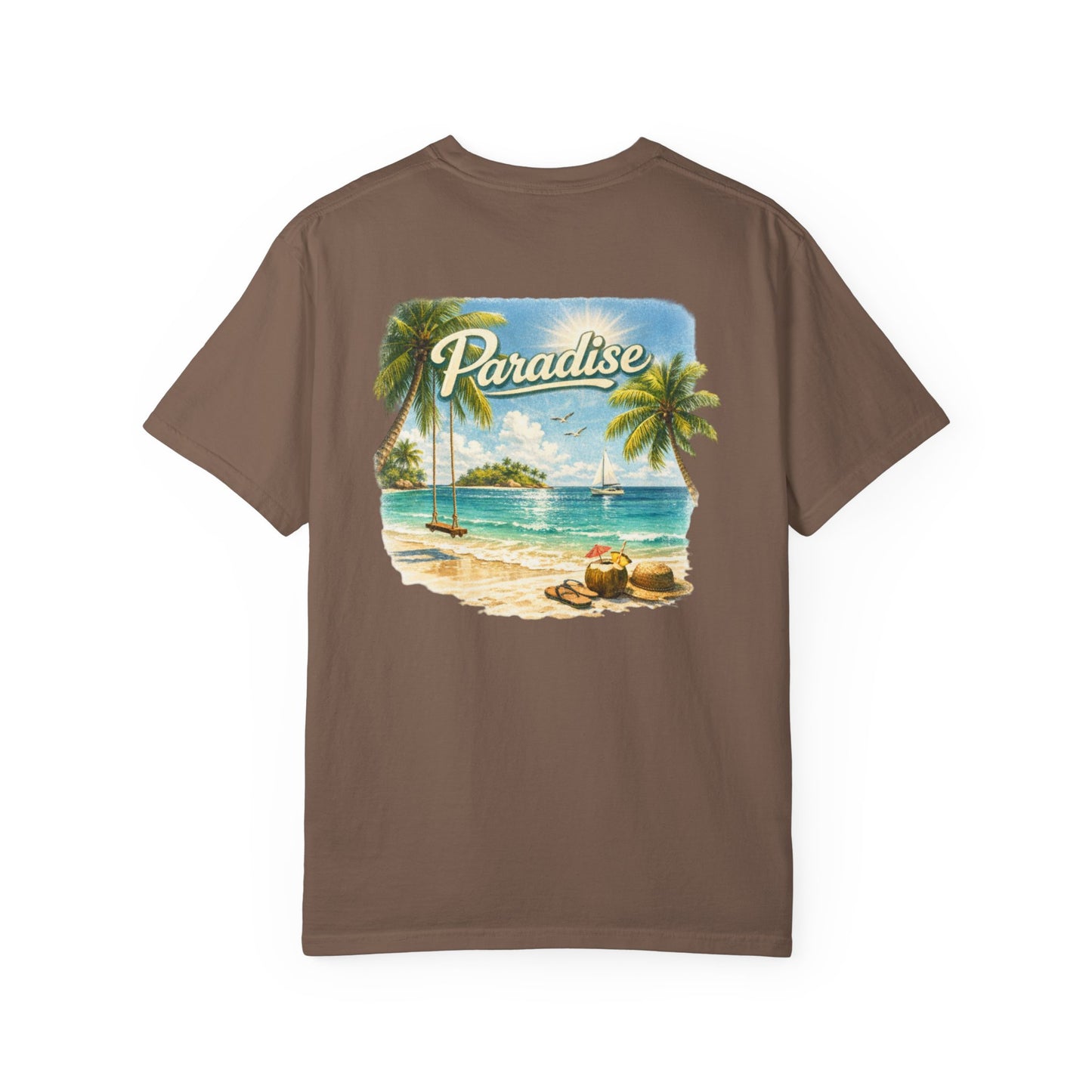 Brown t-shirt with a tropical beach graphic and 'Paradise' text on a white background
