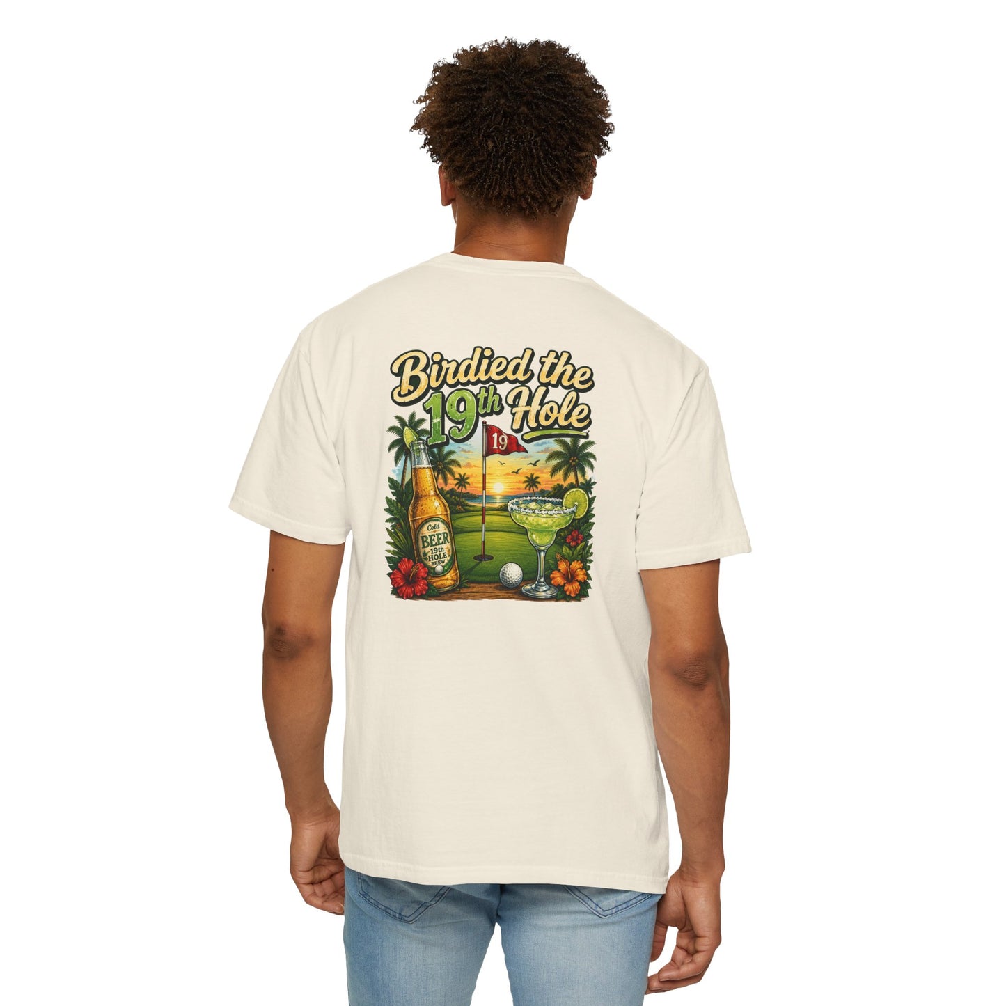 Golf T-Shirt — 'Birdied the 19th Hole' Tropical Golf Beer Design
