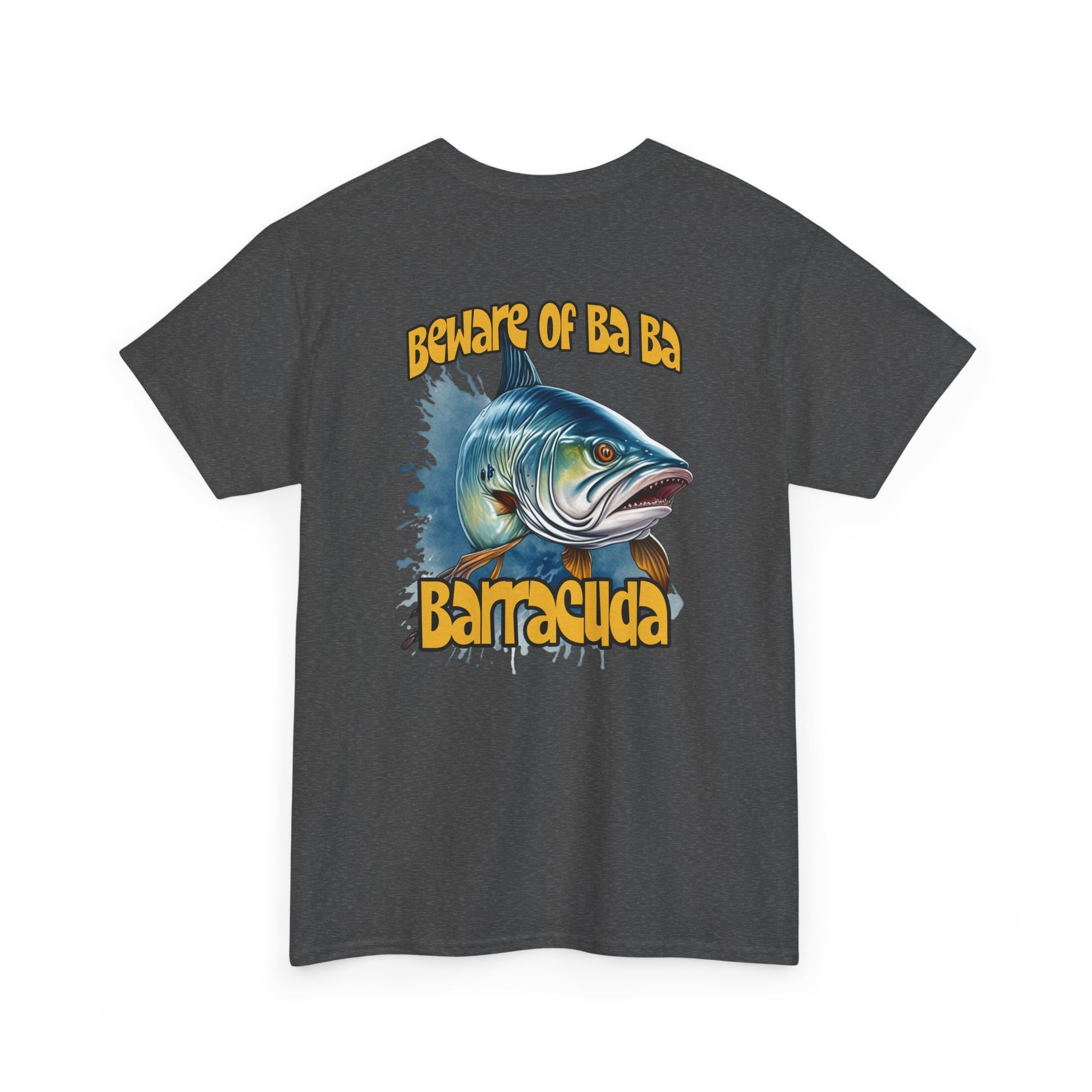 Gray t-shirt with barracuda graphic and text on a white background