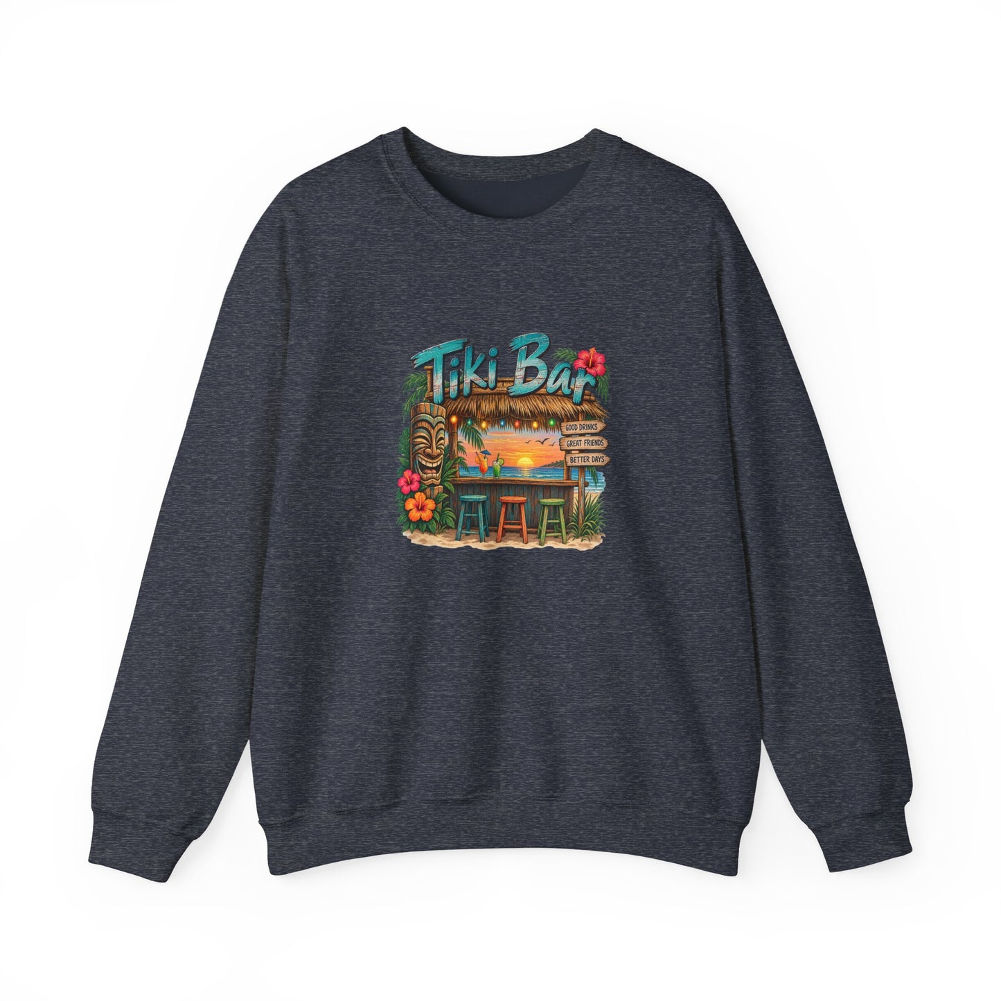 Tiki Bar Crewneck Sweatshirt — Retro Tropical Sunset Design