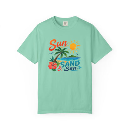 Sun, Sand & Sea T-Shirt – Tropical Beach Palm Tree Graphic Tee
