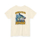 Beige t-shirt with barracuda graphic and text on a white background