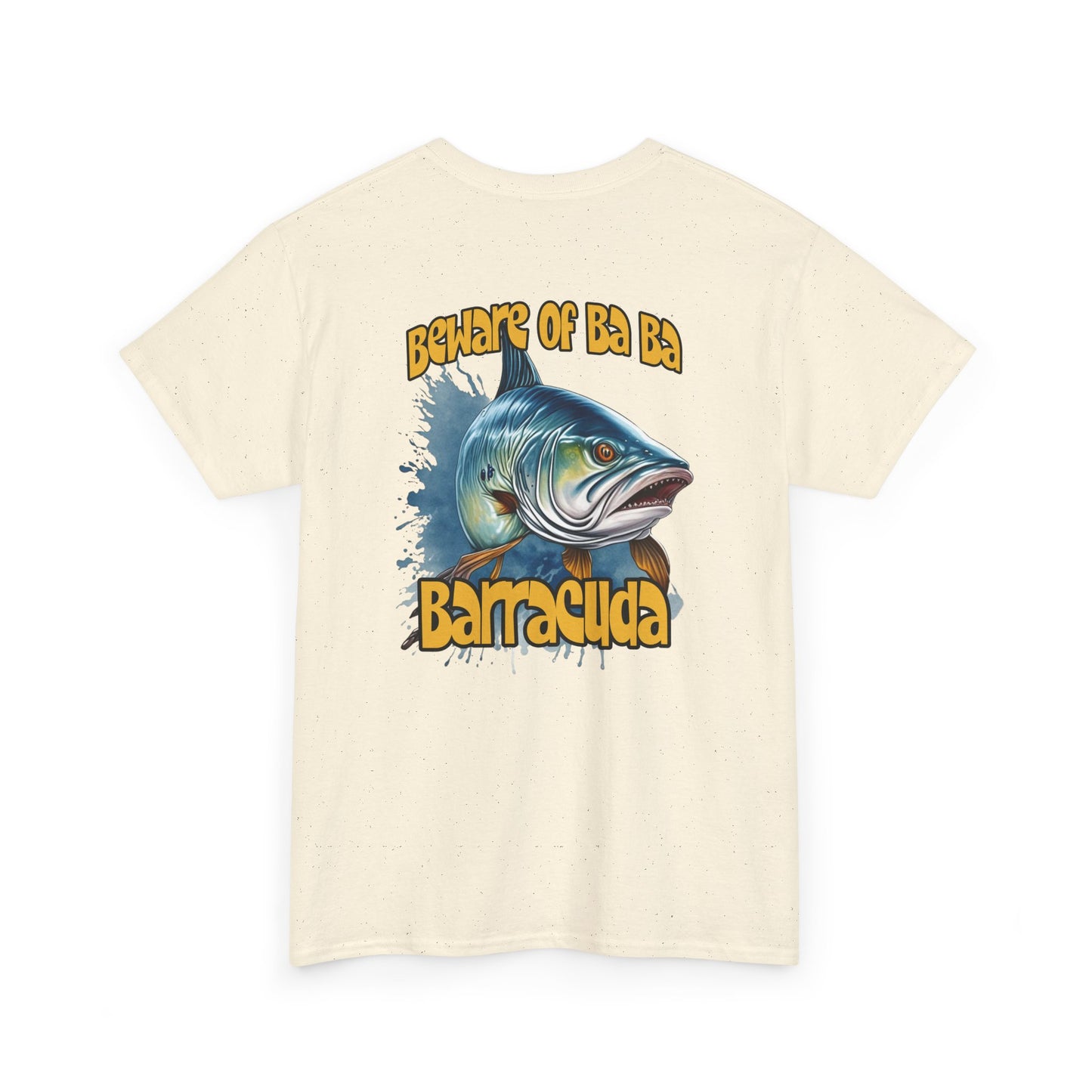 Beige t-shirt with barracuda graphic and text on a white background