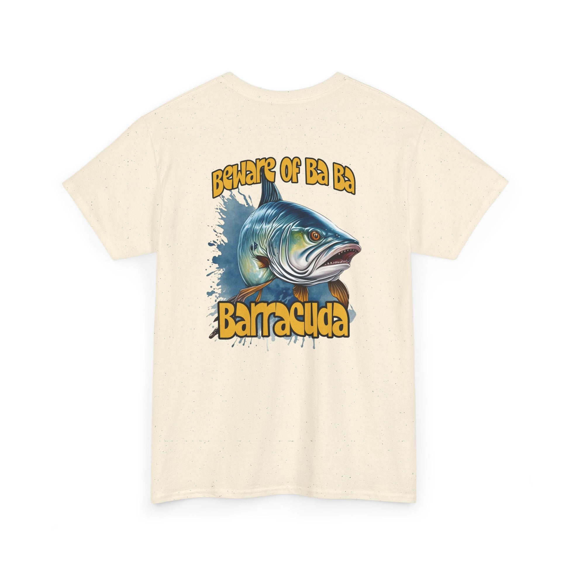 Beige t-shirt with barracuda graphic and text on a white background