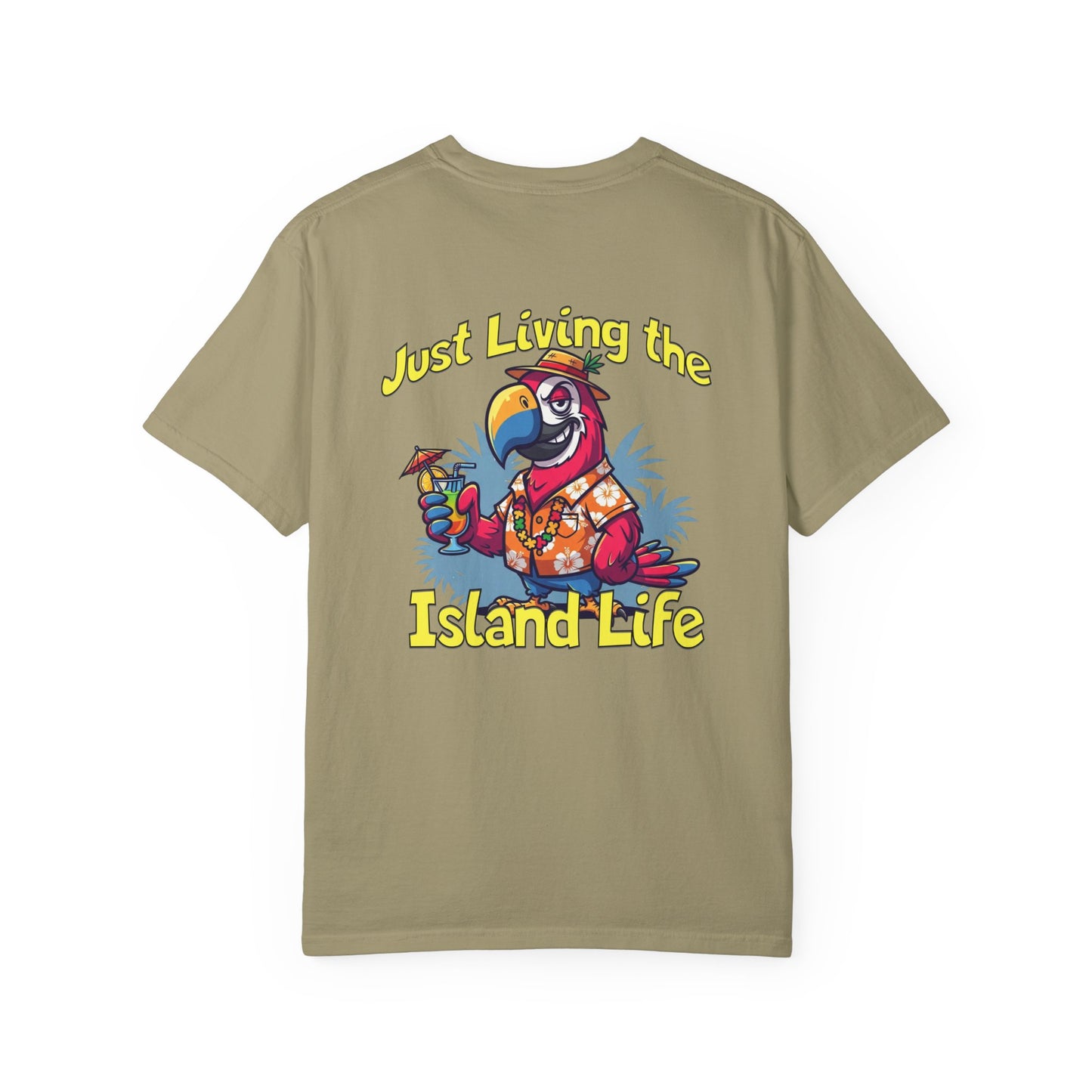 Khaki t-shirt with a colorful parrot graphic and 'Just Living the Island Life' text on a white background