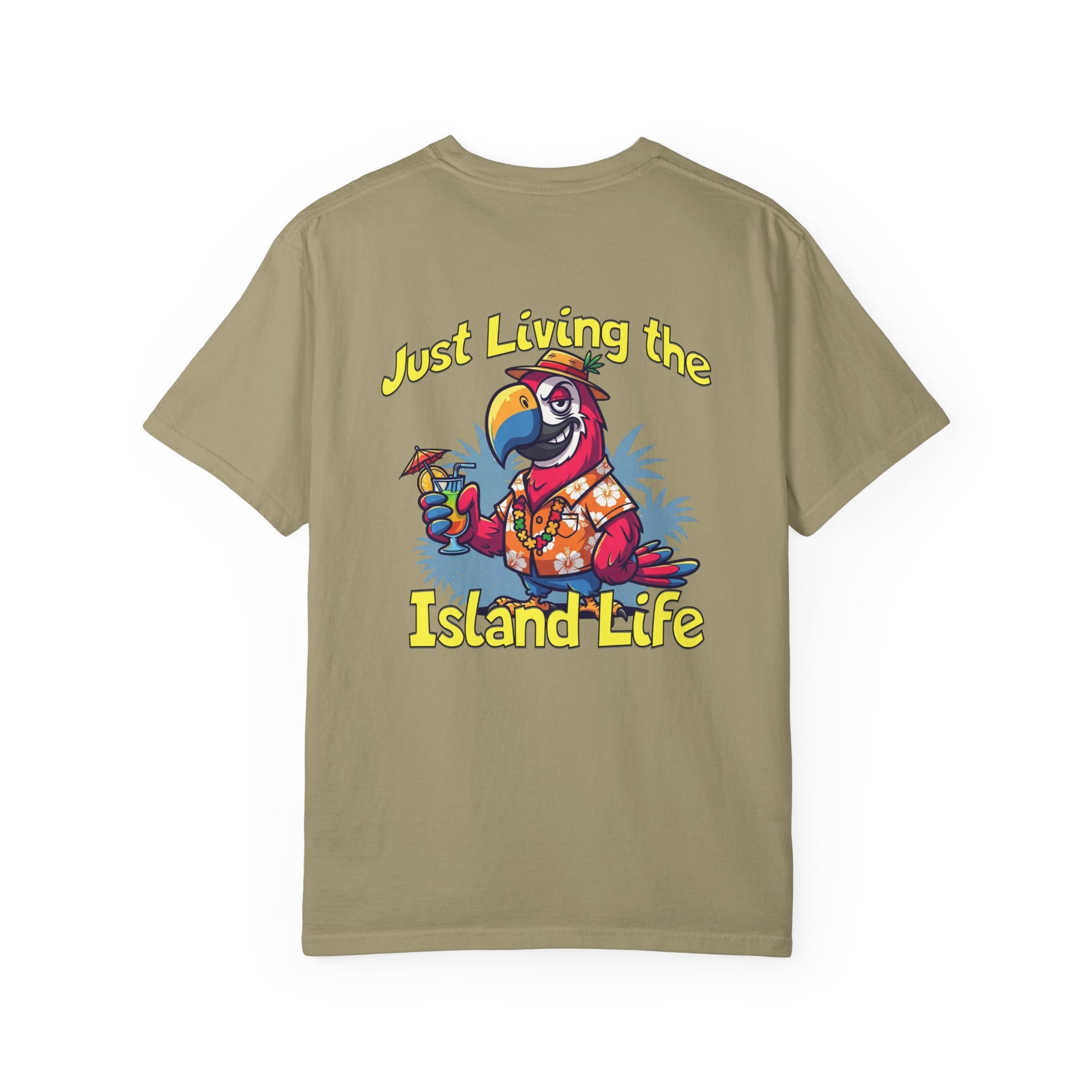 Khaki t-shirt with a colorful parrot graphic and 'Just Living the Island Life' text on a white background