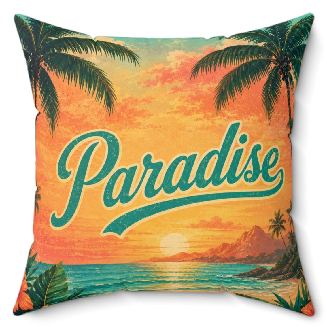 A square decorative throw pillow featuring a retro-style tropical sunset print with palm trees, ocean, and the word 'Paradise' in large teal script, shown on a plain white background.