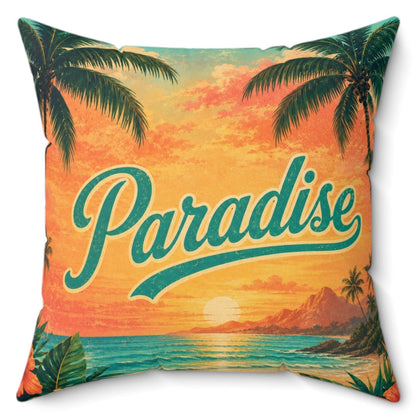 A square decorative throw pillow featuring a retro-style tropical sunset print with palm trees, ocean, and the word 'Paradise' in large teal script, shown on a plain white background.