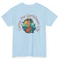 Light blue t-shirt with a colorful parrot graphic and text on the back, on a white background.