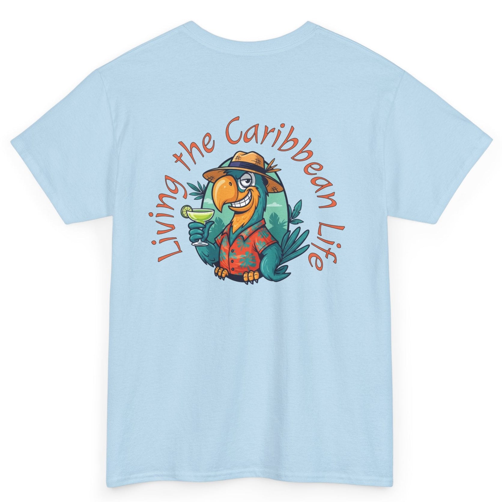Light blue t-shirt with a colorful parrot graphic and text on the back, on a white background.