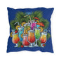 Decorative pillow with colorful cocktails and palm leaves on a blue background