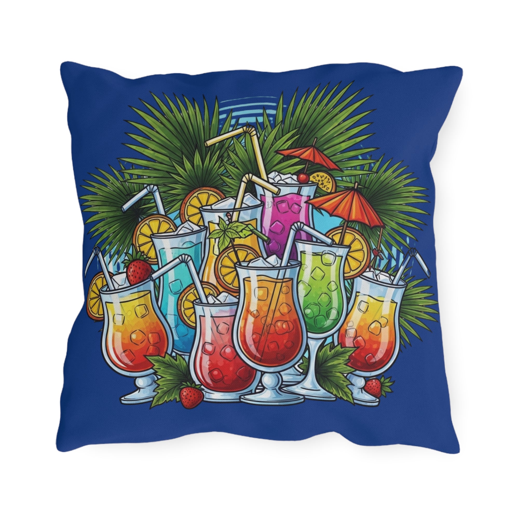 Decorative pillow with colorful cocktails and palm leaves on a blue background