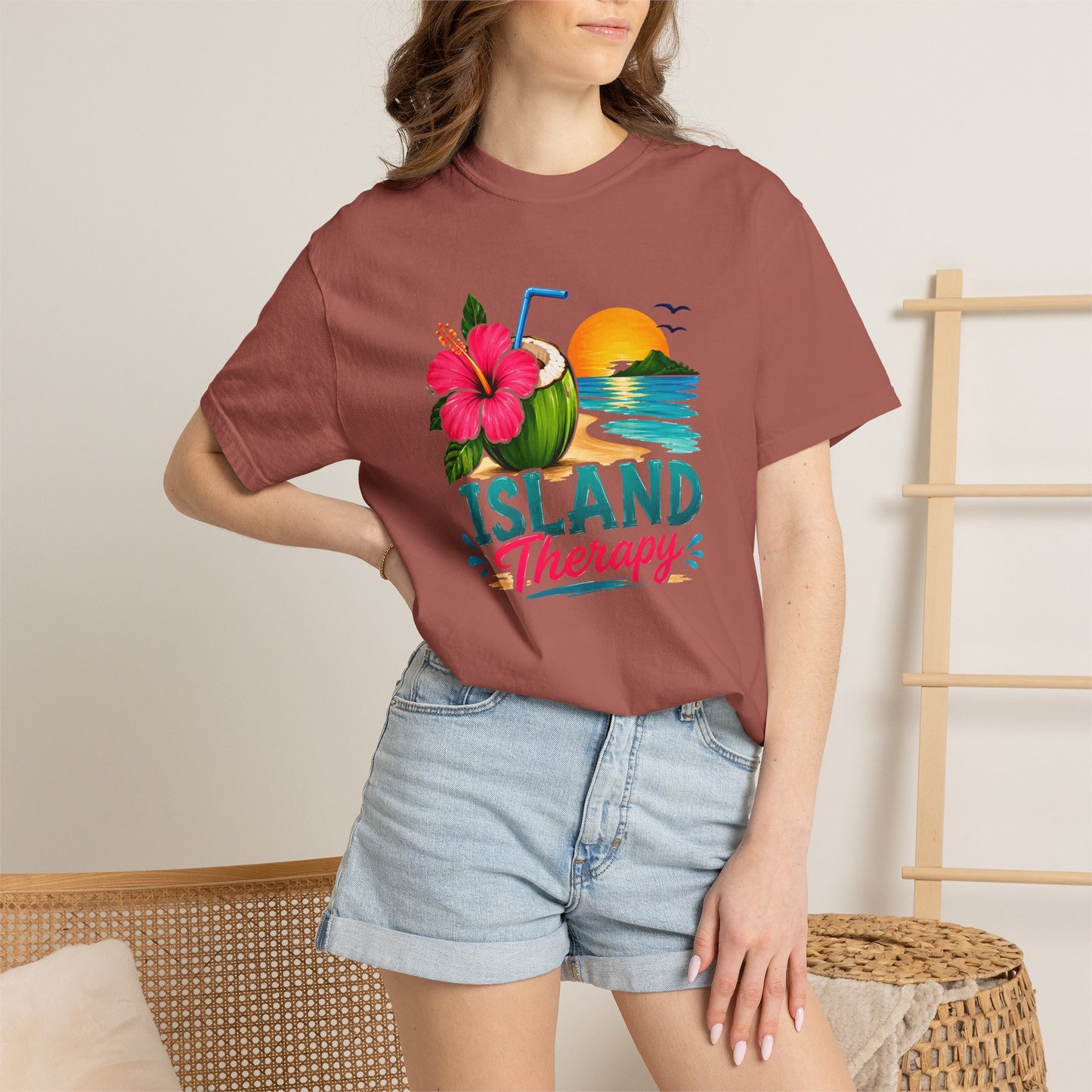 Island Therapy T‑Shirt — Tropical Sunset Coconut Drink Beach Tee