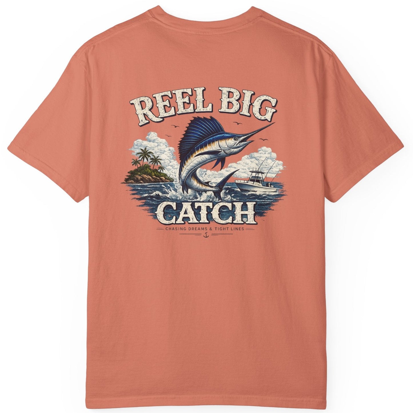 Coral t-shirt with 'Reel Big Catch' graphic on a white background