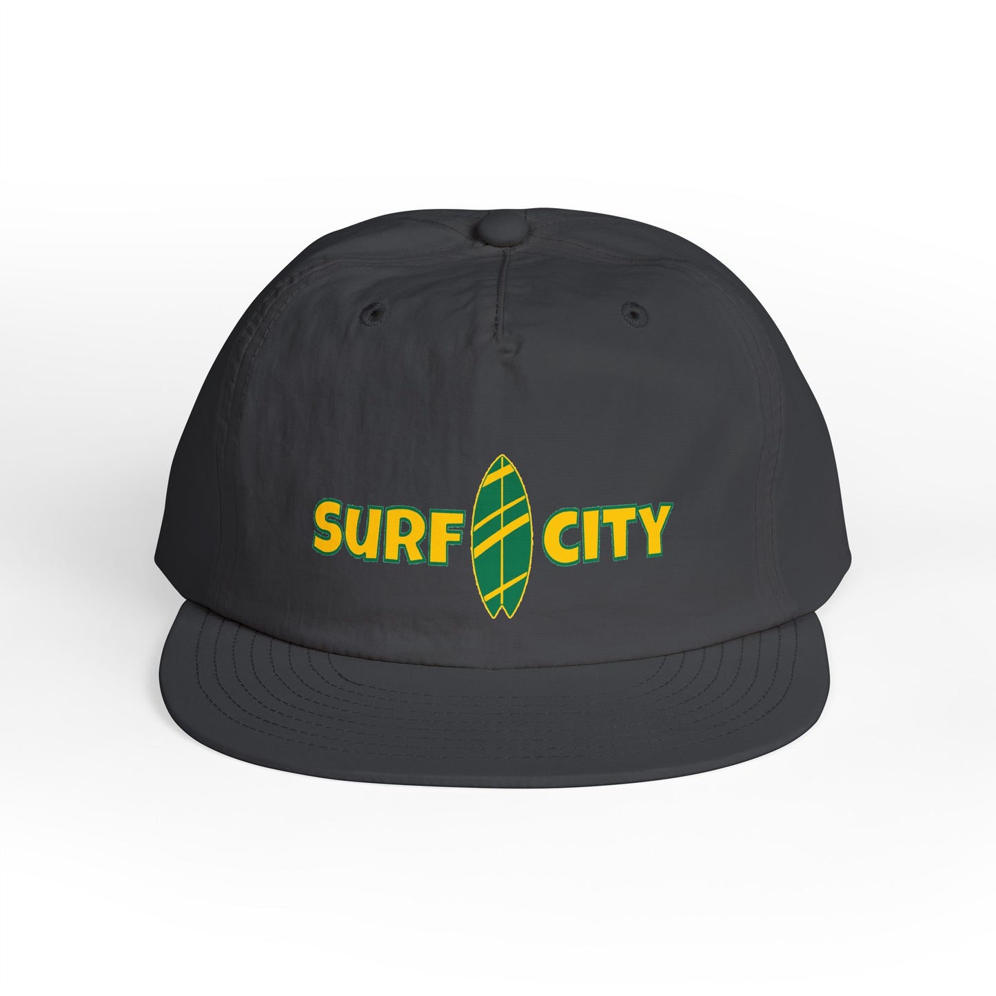 Black cap with 'Surf City' logo on a white background