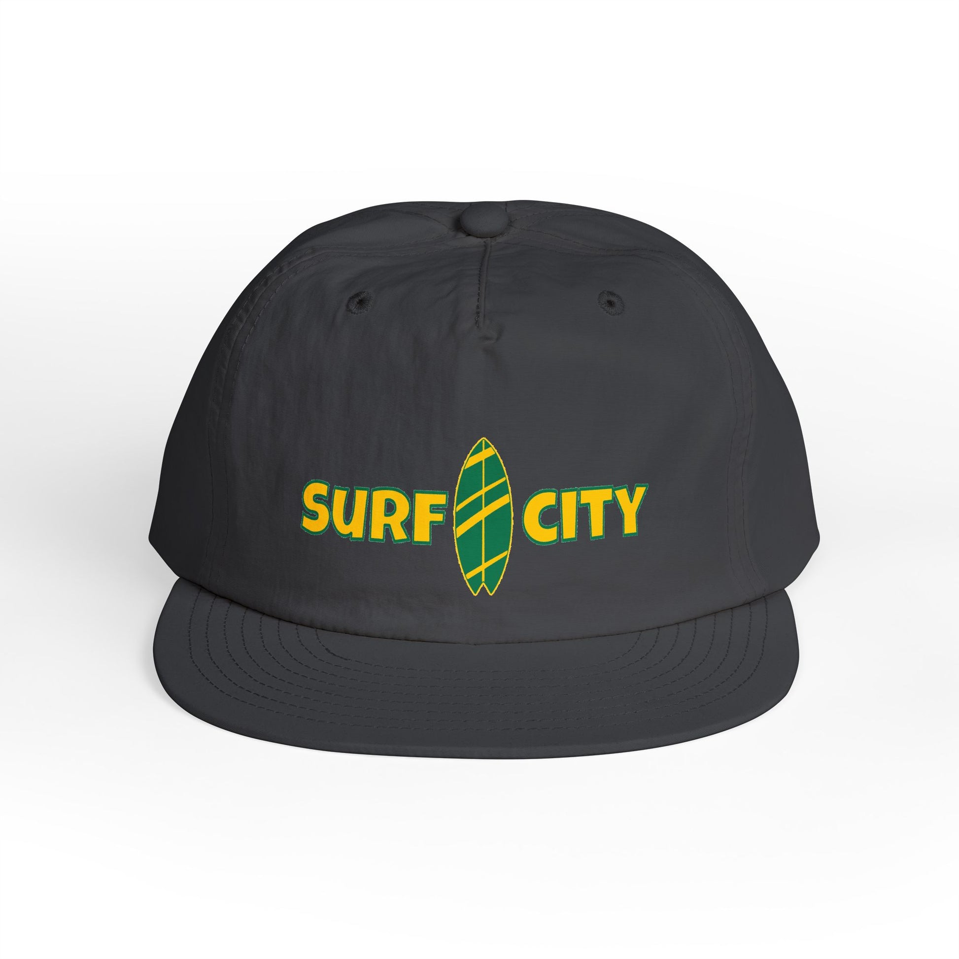 Black cap with 'Surf City' logo on a white background