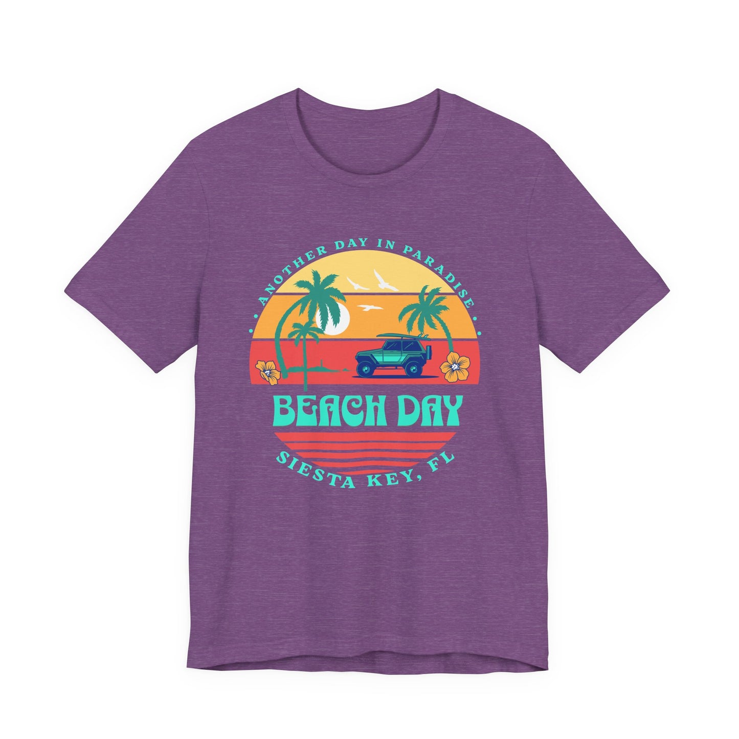Purple t-shirt with 'Beach Day' graphic design on a white background - Caribbean Rays