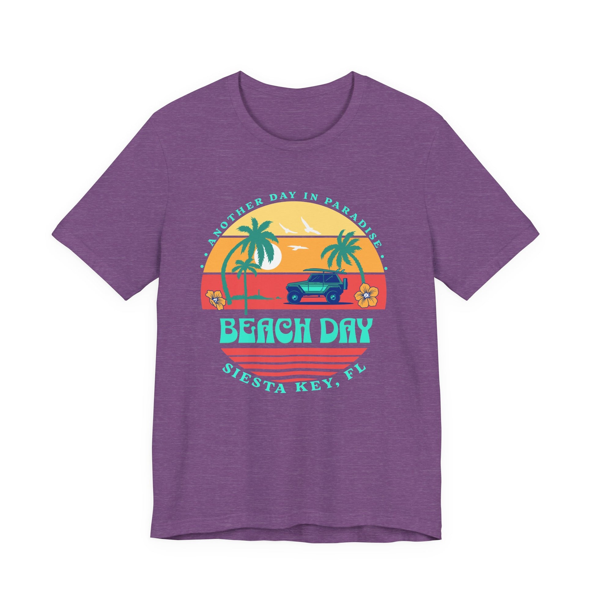 Purple t-shirt with 'Beach Day' graphic design on a white background - Caribbean Rays