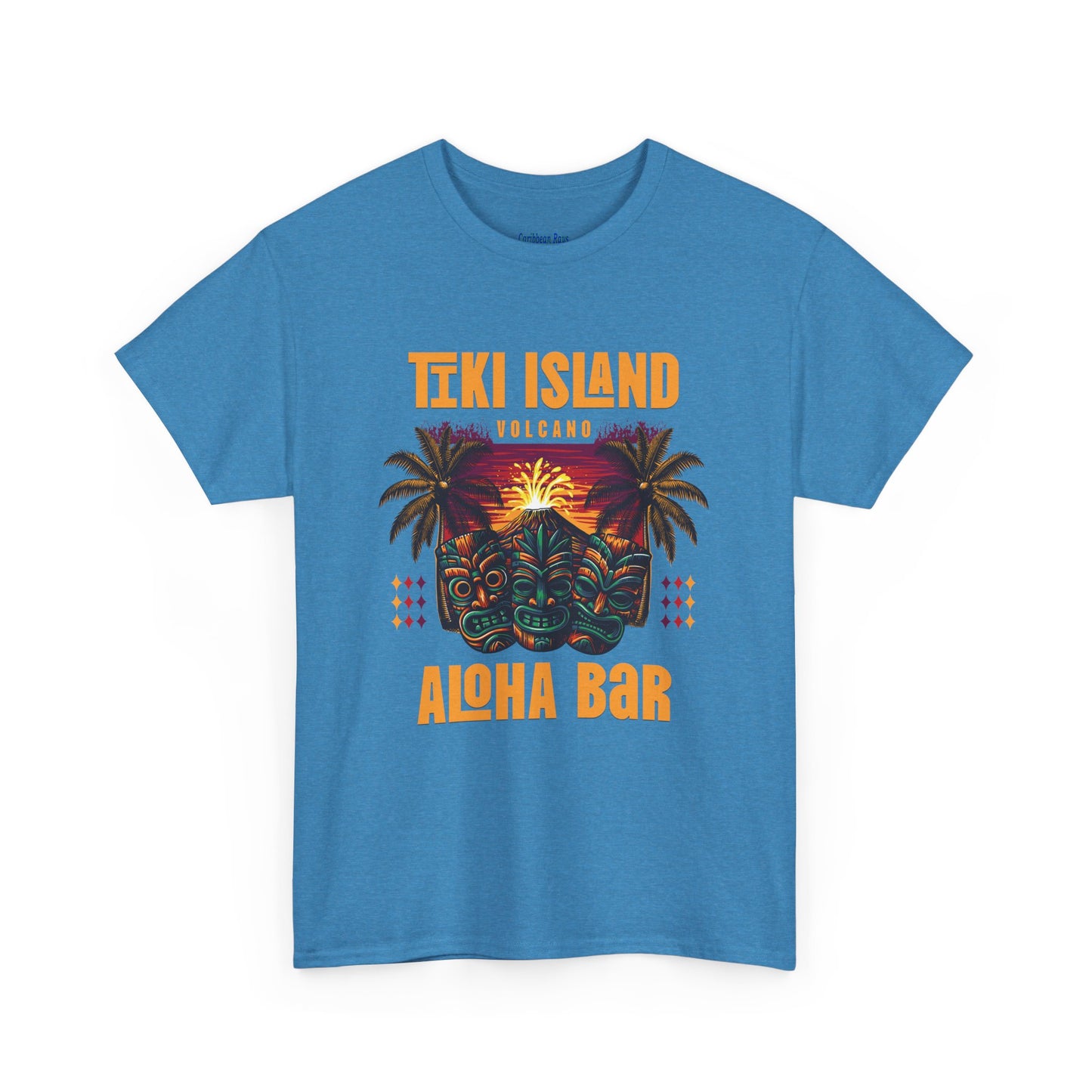 Blue t-shirt with Tiki Island and Aloha Bar design on a white background  at Caribbean Rays