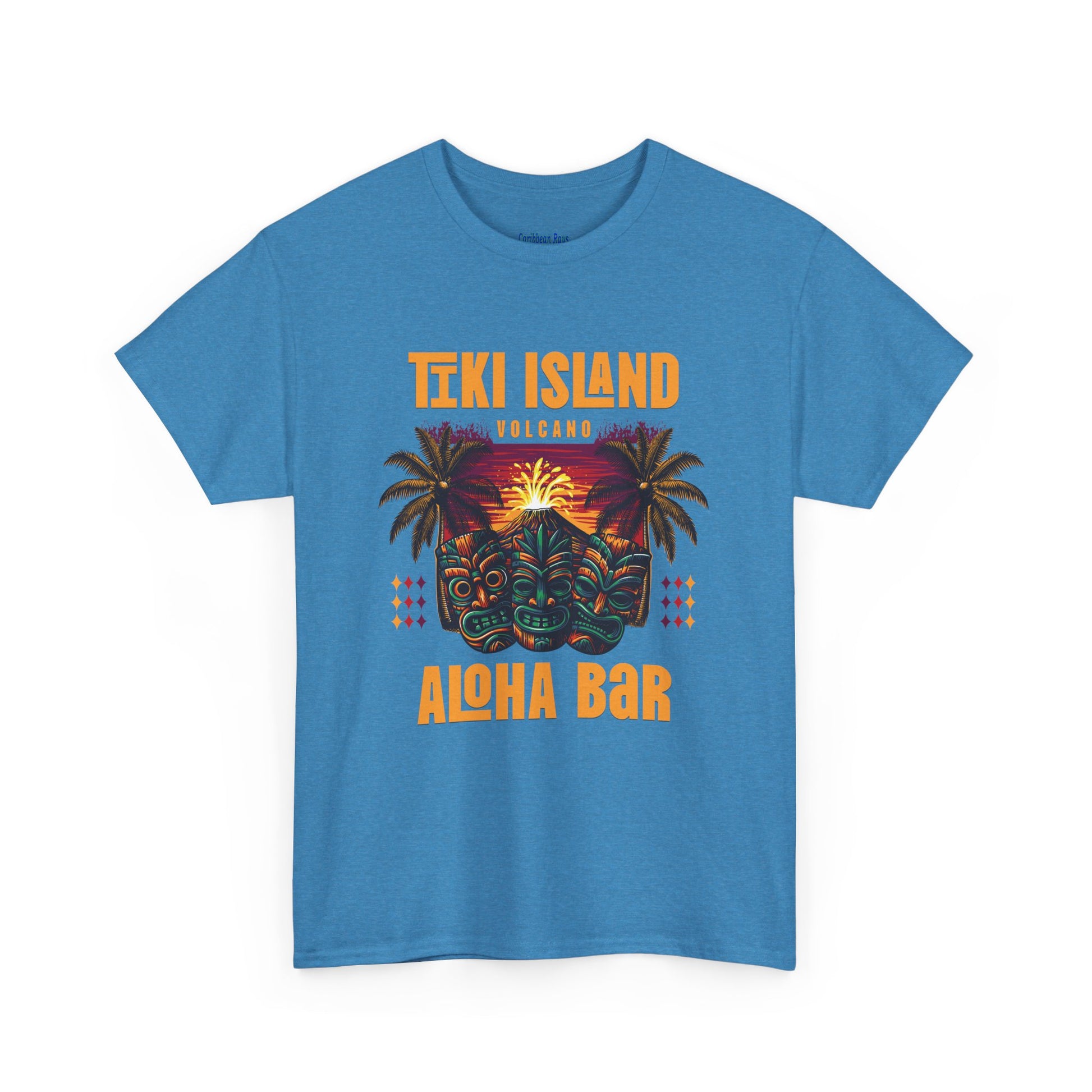 Blue t-shirt with Tiki Island and Aloha Bar design on a white background  at Caribbean Rays