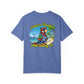 Blue t-shirt with a tropical graphic and text on a white background
