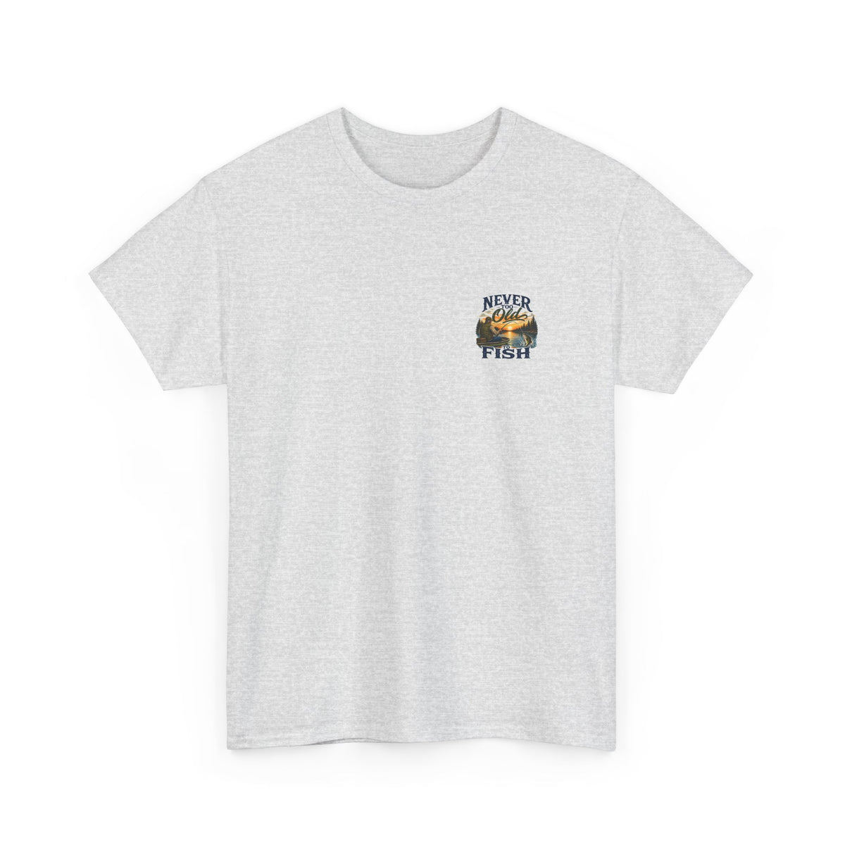 T-Shirt — "Never Too Old to Fish" Fishing Tee (Sunset Lake Design)