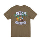Brown t-shirt with 'Beach Paradise' graphic on a white background 