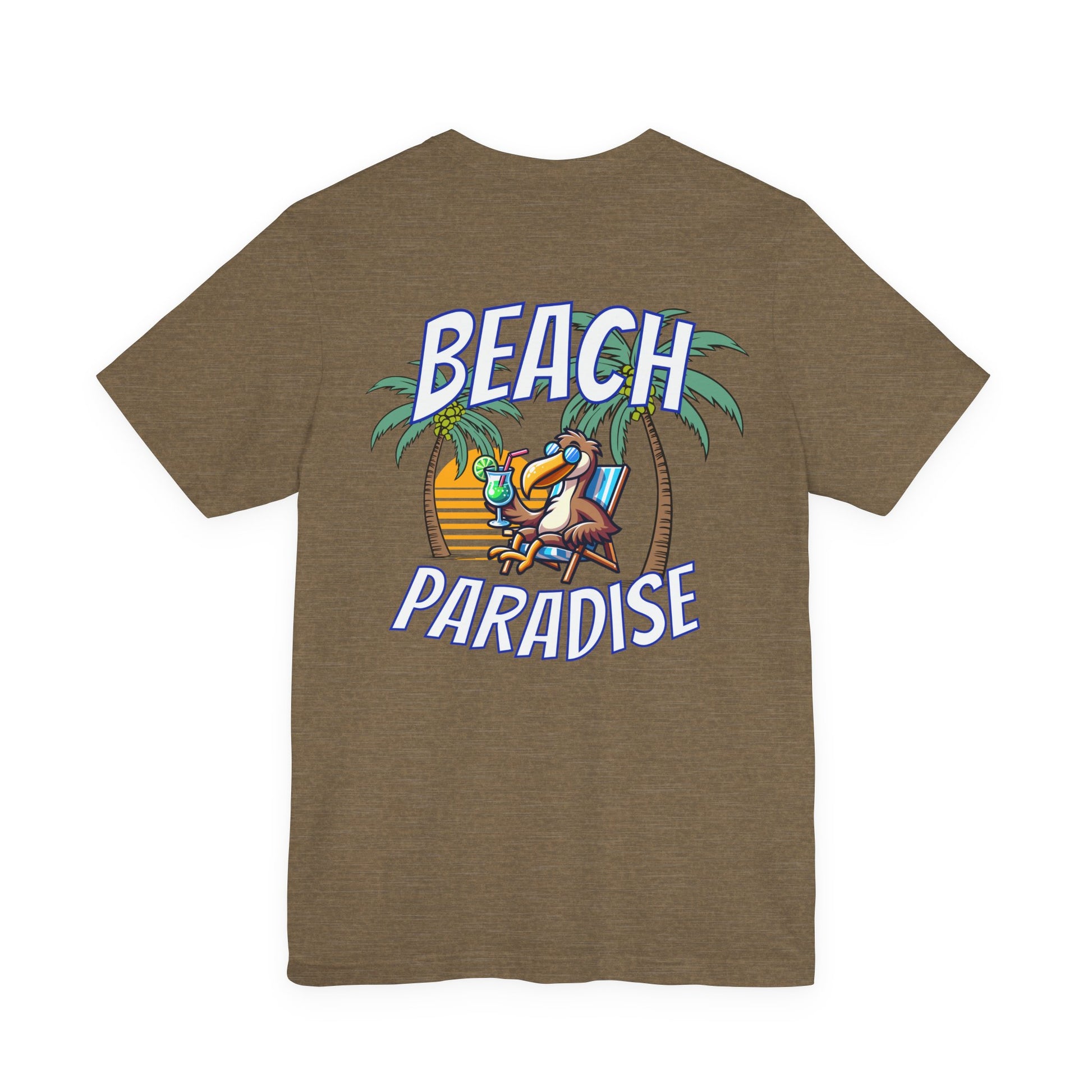 Brown t-shirt with 'Beach Paradise' graphic on a white background 