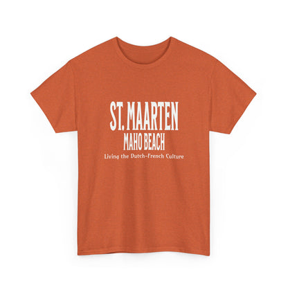 Maho Beach T-shirt in antique orange with St. Maarten front graphic text
