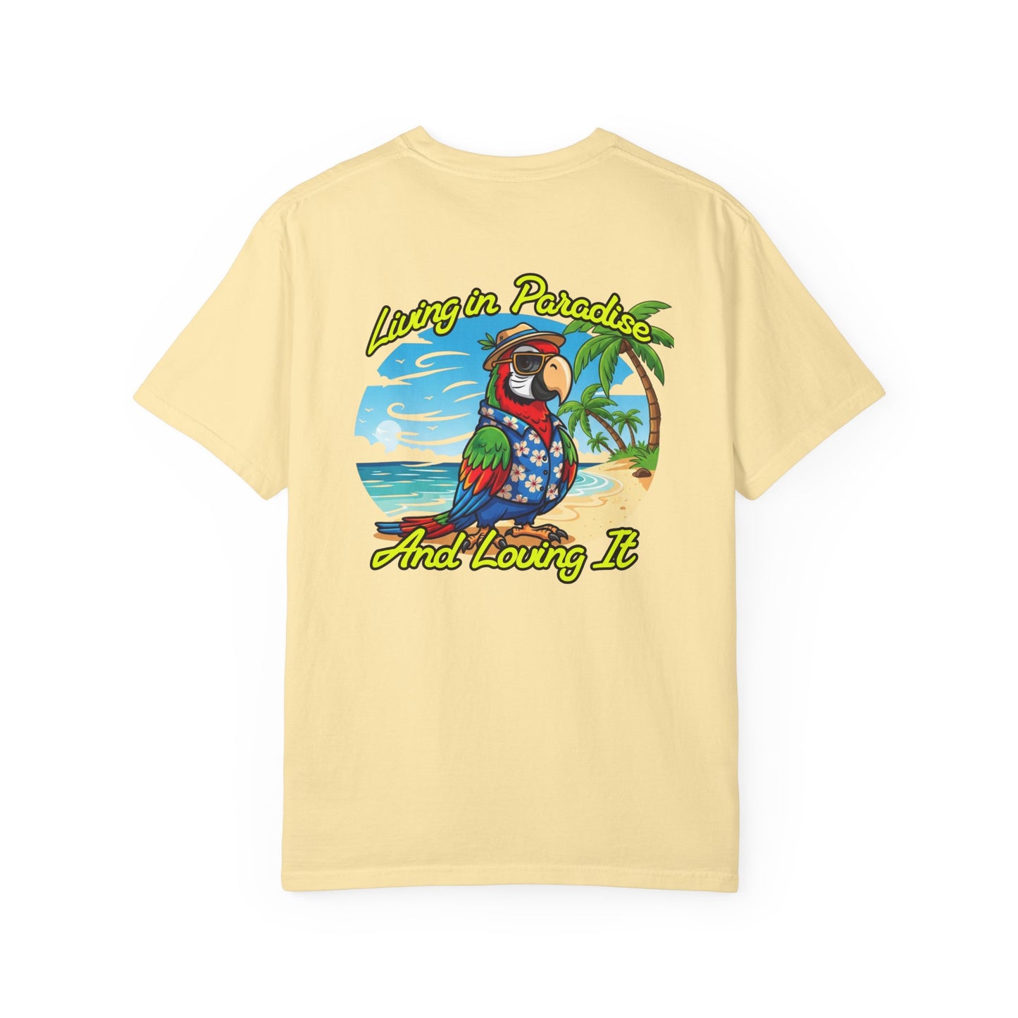 Yellow t-shirt with a parrot graphic and text on the back, on a white background