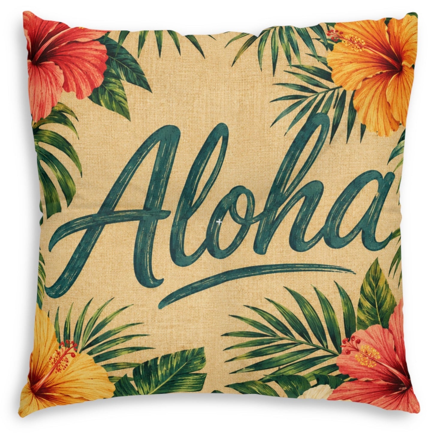 Square tufted floor pillow showing Aloha lettering with tropical palm leaves and hibiscus blooms