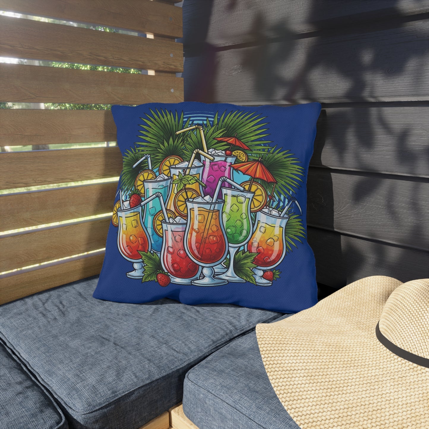 Navy Blue Tropical Cocktail Outdoor Pillow