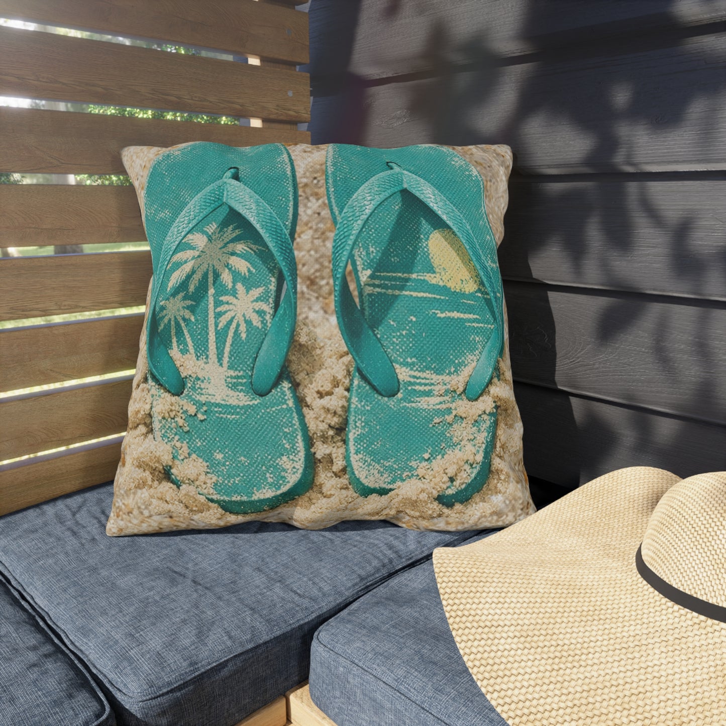 Pillow with teal flip-flop design on a wooden bench