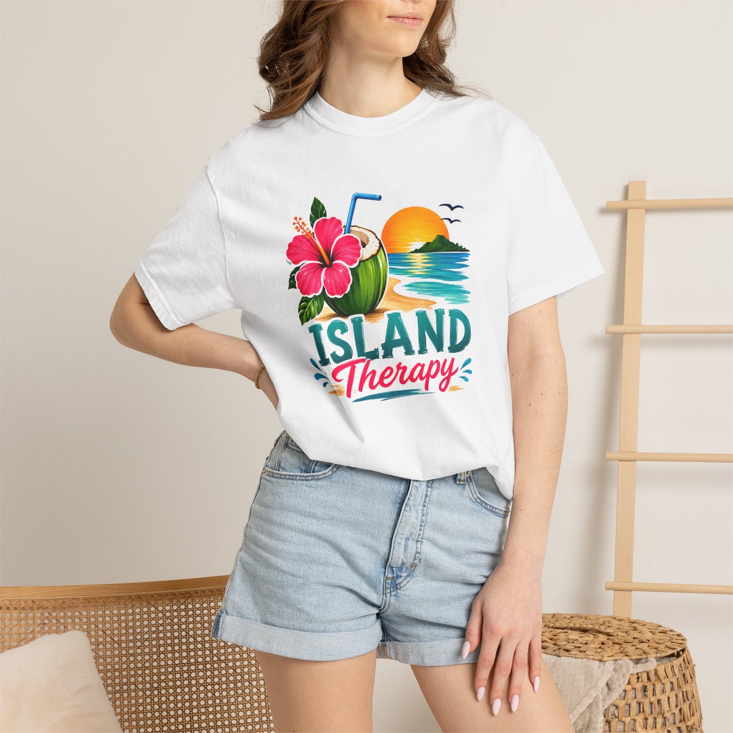 Island Therapy T‑Shirt — Tropical Sunset Coconut Drink Beach Tee