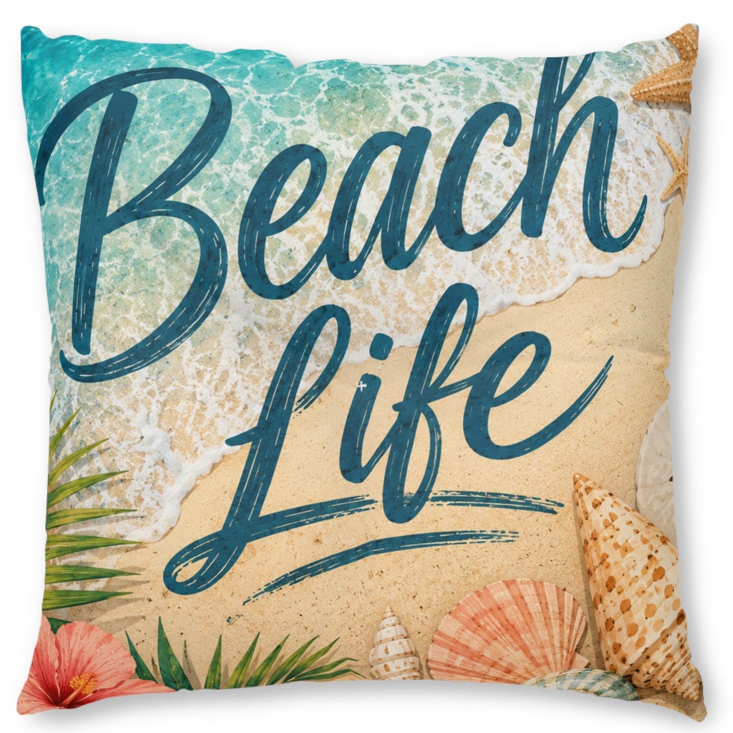 A square decorative throw pillow featuring a tropical beach design with the words 'Beach Life' in dark teal script over a sandy beige background, with turquoise ocean waves, palm leaves, and seashells around the border.