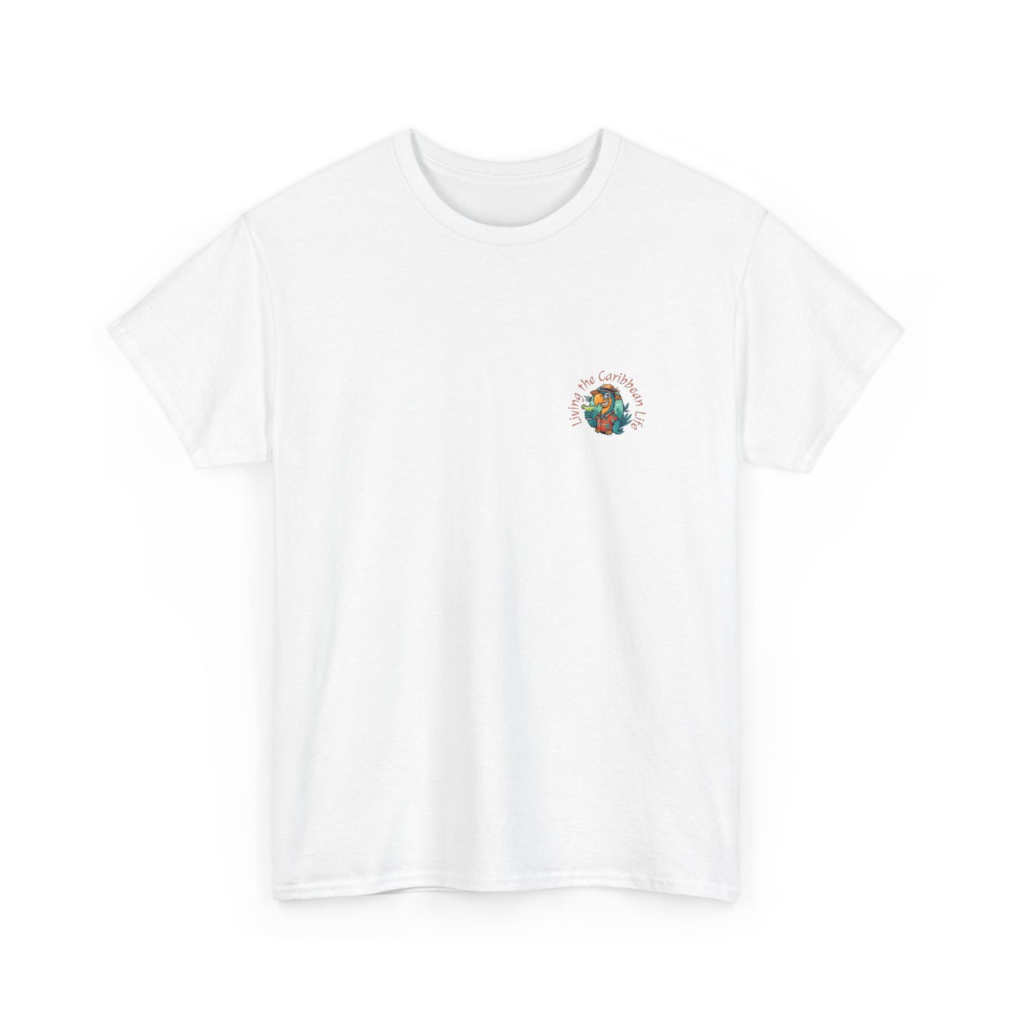White t-shirt with a colorful logo on a white background