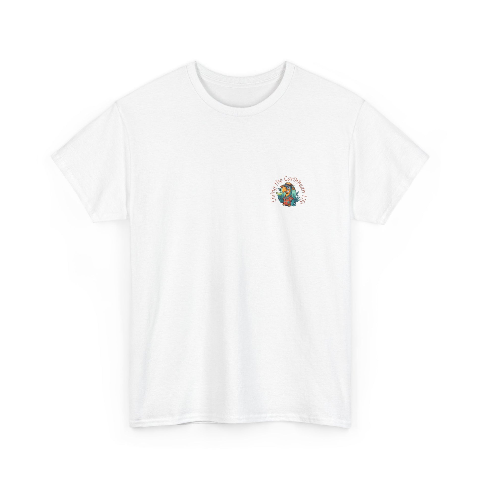 White t-shirt with a colorful logo on a white background