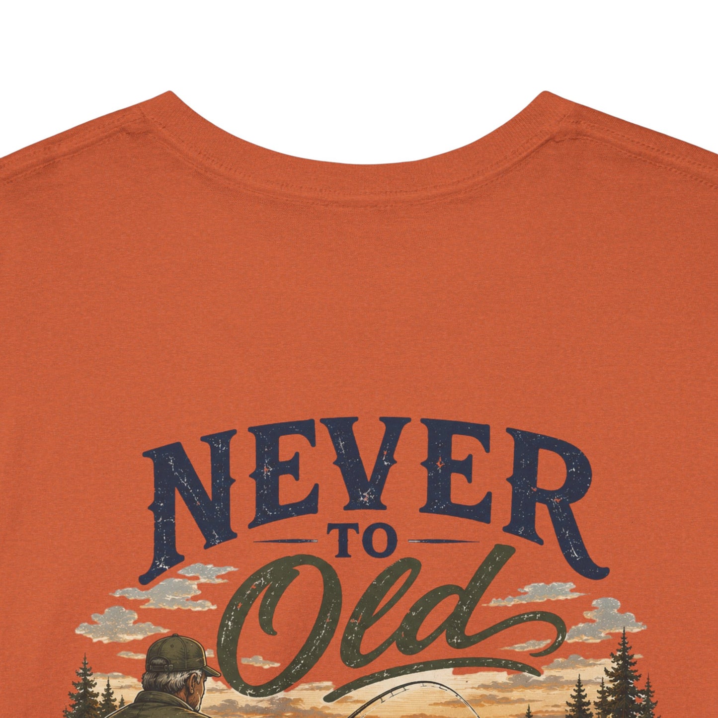T-Shirt — "Never Too Old to Fish" Fishing Tee (Sunset Lake Design)