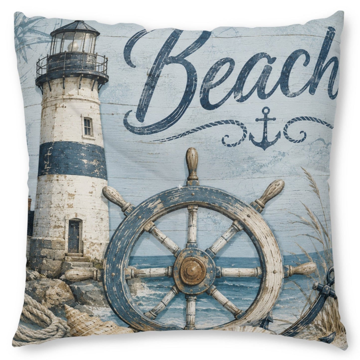 A square decorative throw pillow featuring a nautical design with a lighthouse, a large ship's wheel, rope details, and the word 'Beach' in script on a light blue background.