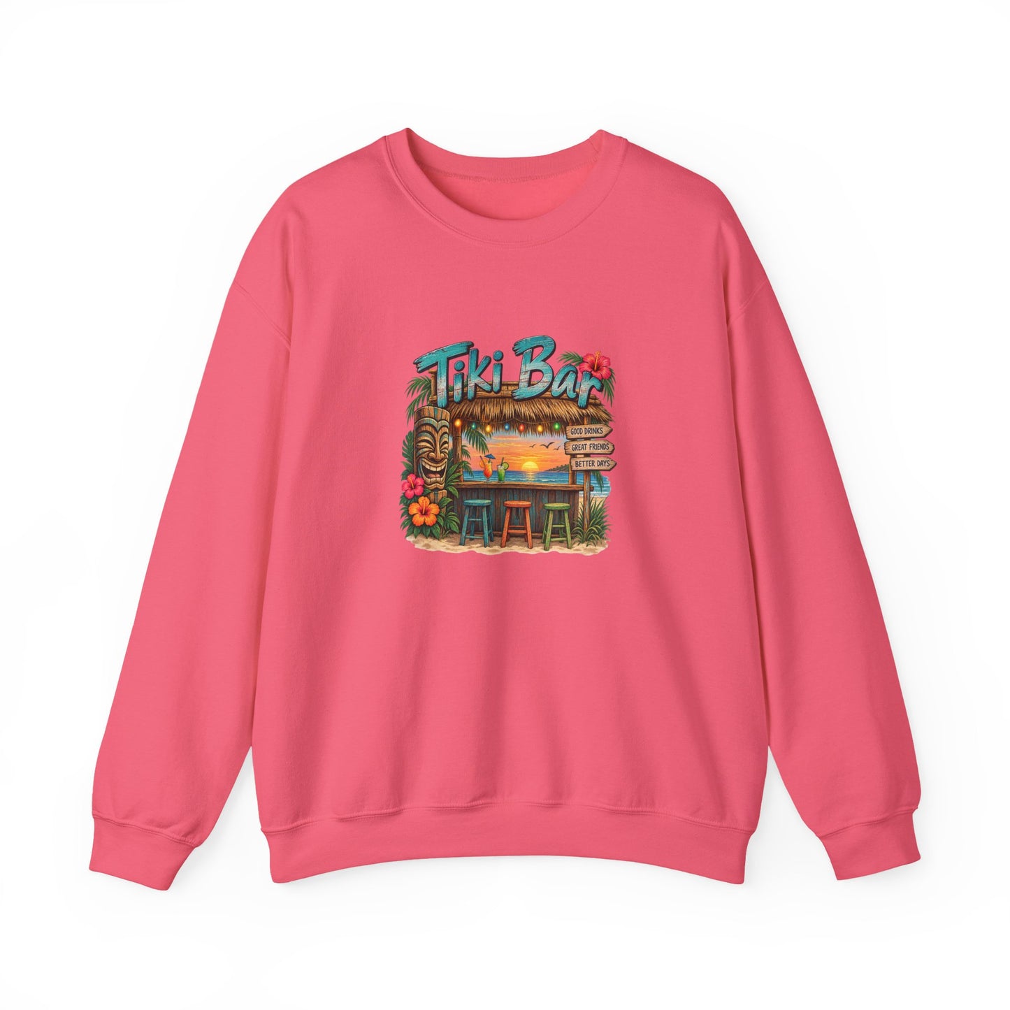 Tiki Bar Crewneck Sweatshirt — Retro Tropical Sunset Design