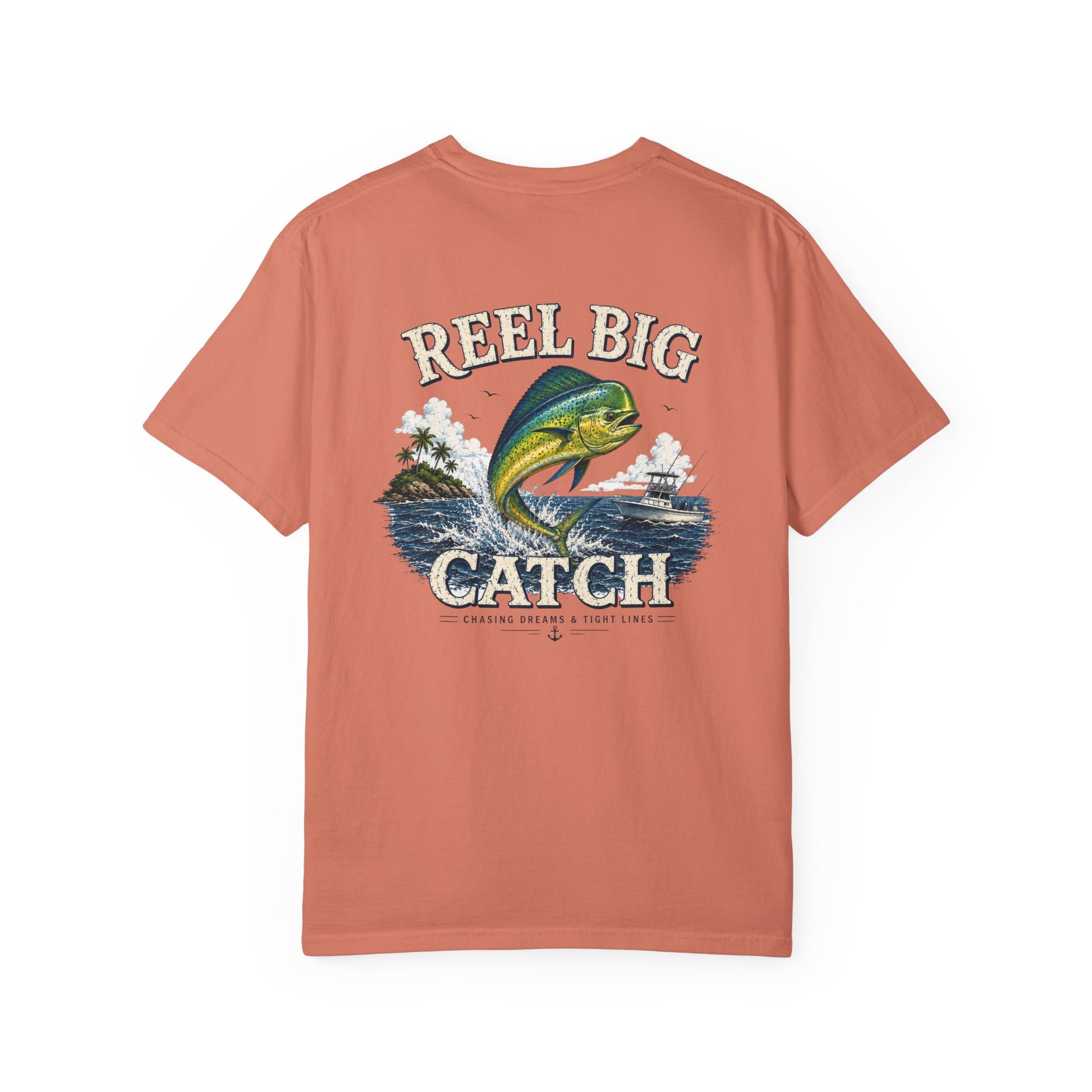 Coral t-shirt with fishing graphic and 'Reel Big Catch' text on a white background