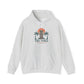 Beige hoodie with a logo on the chest against a white background