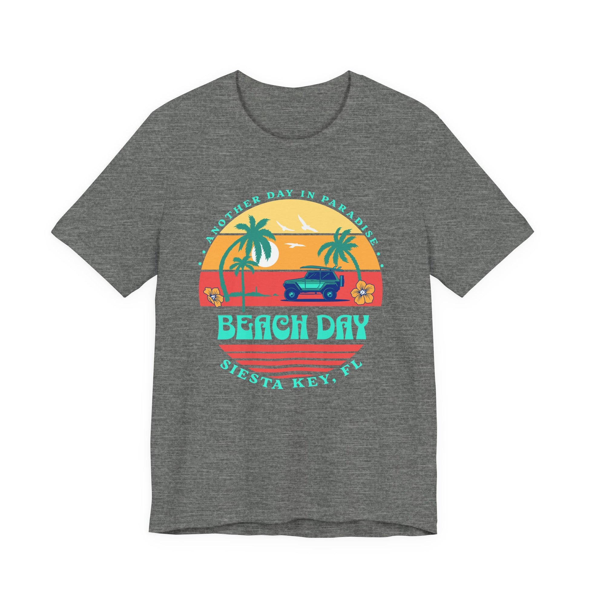 Gray t-shirt with a 'Beach Day' graphic design on a white background at Caribbean Rays