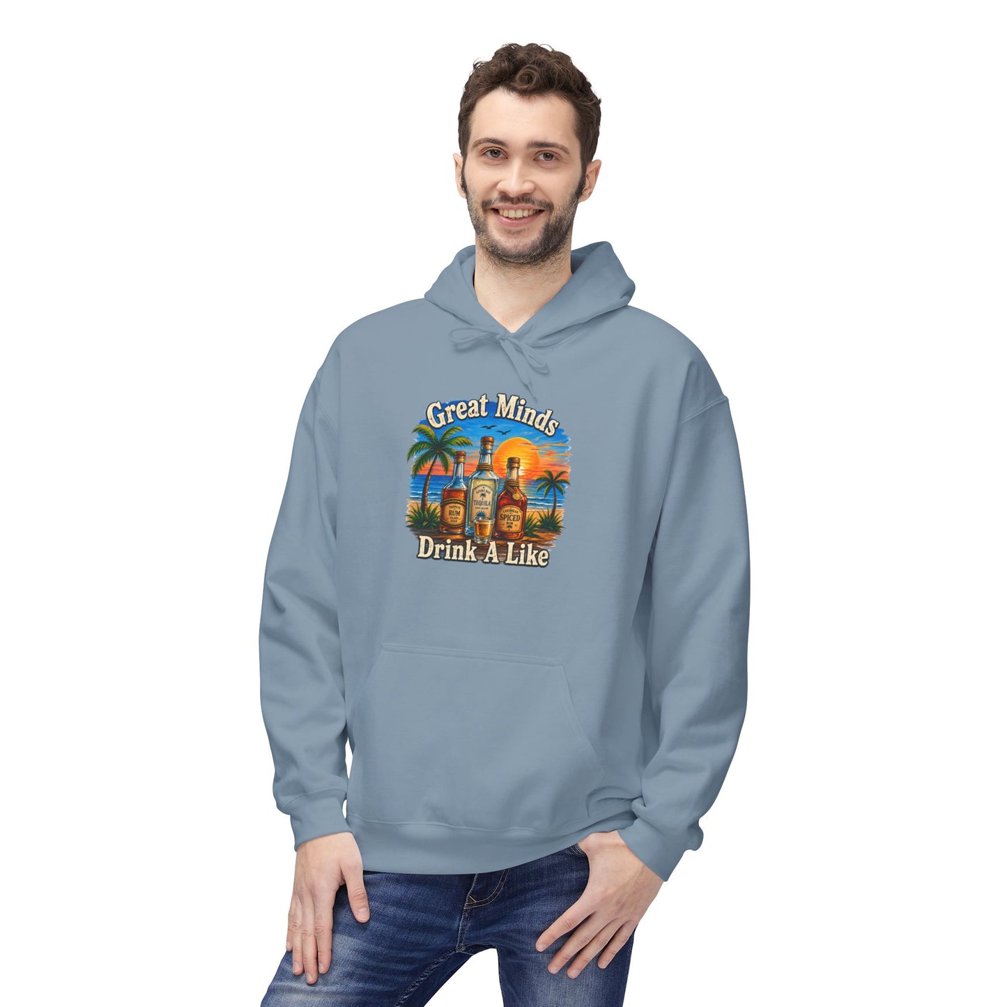 Great Minds Drink Alike Hoodie — Tropical Sunset Palm Beach Graphic Sweatshirt