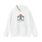 White hoodie with a colorful graphic on the chest against a white background