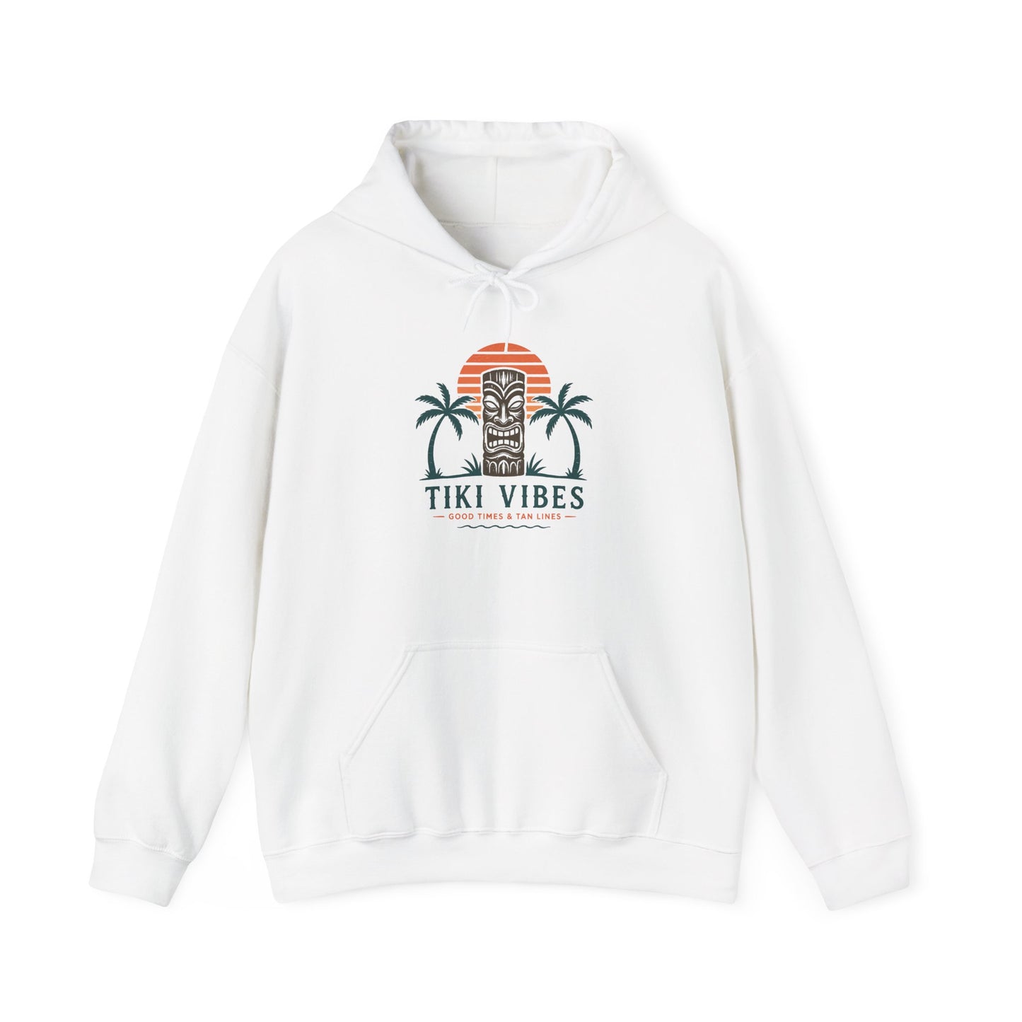 White hoodie with a colorful graphic on the chest against a white background