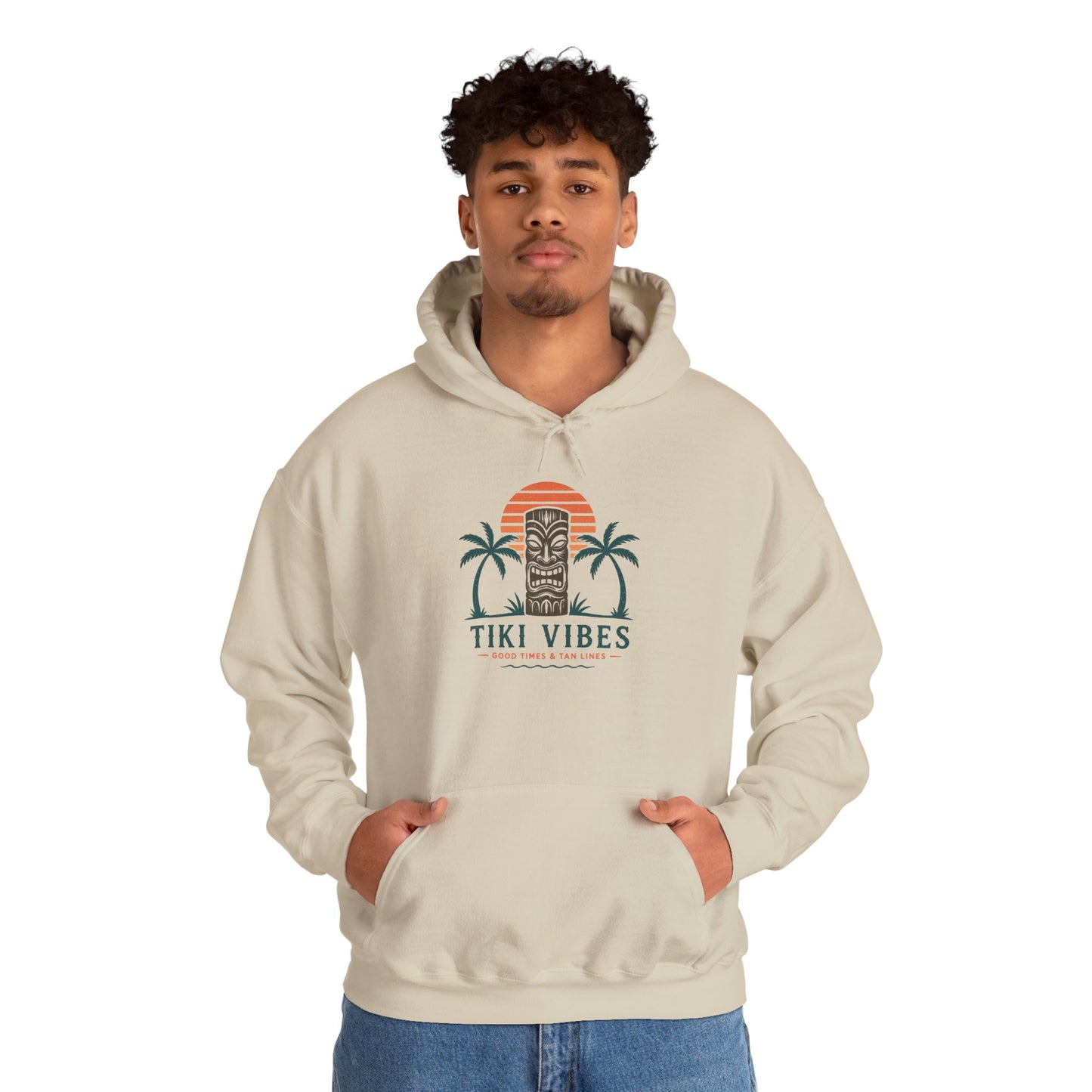 Tiki Vibes Hoodie — Retro Sunset Palm Tree Sweatshirt